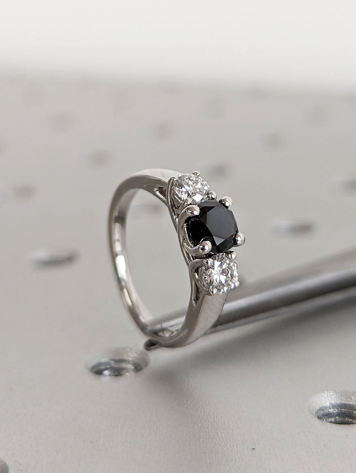 1.0CT Black Round Center Stone Lab Grown 3 Stone Diamond Engagement Ring For Her