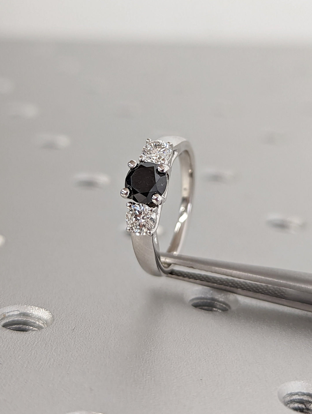 1.0CT Black Round Center Stone Lab Grown 3 Stone Diamond Engagement Ring For Her