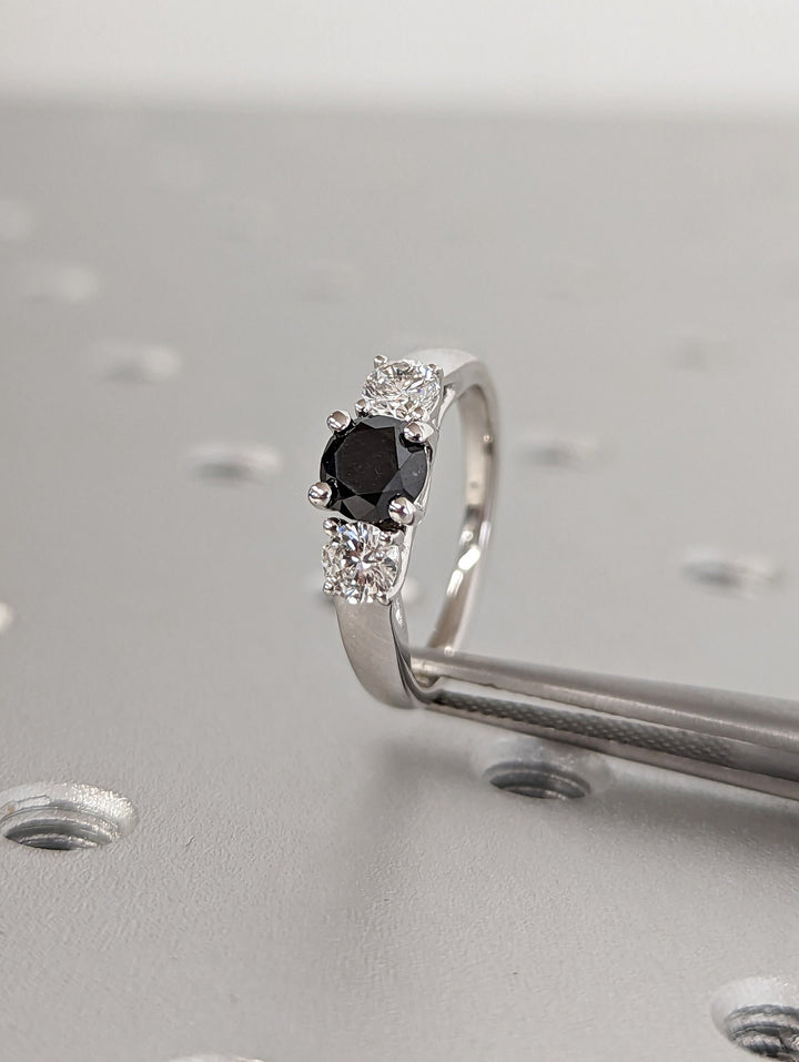 1.0CT Black Round Center Stone Lab Grown 3 Stone Diamond Engagement Ring For Her
