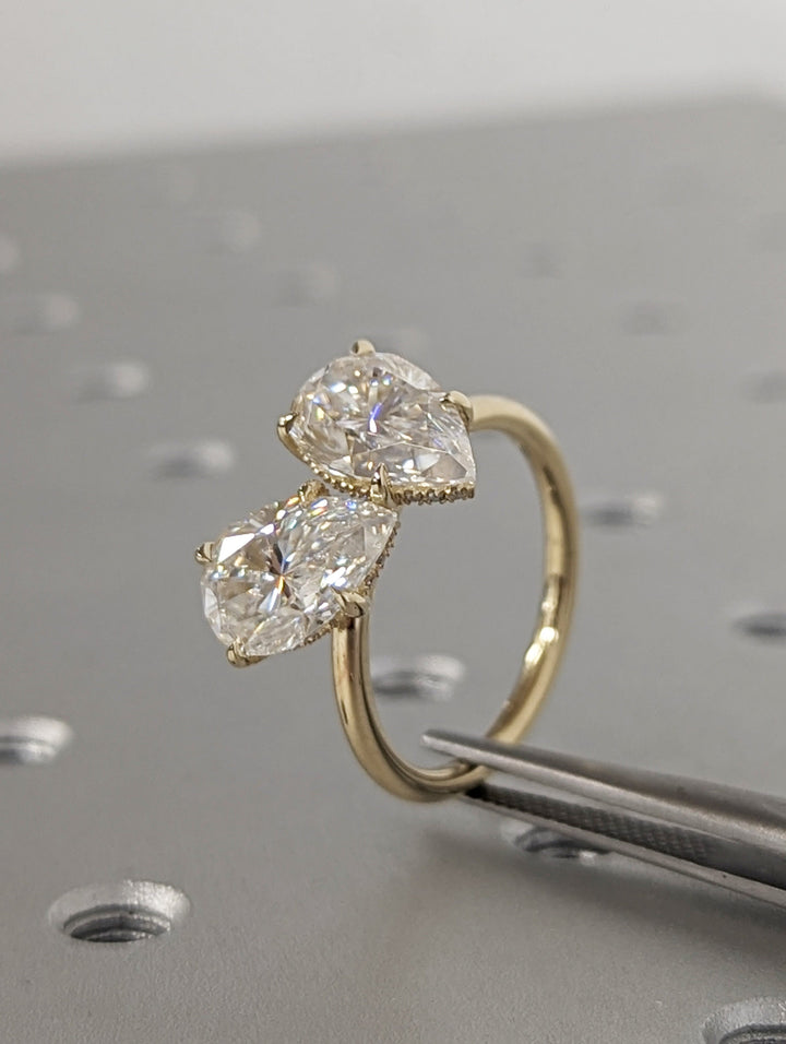2.50CT Pear Hidden Halo Lab Grown Two Stone Diamond Engagement Ring Pretty Engagement Ring