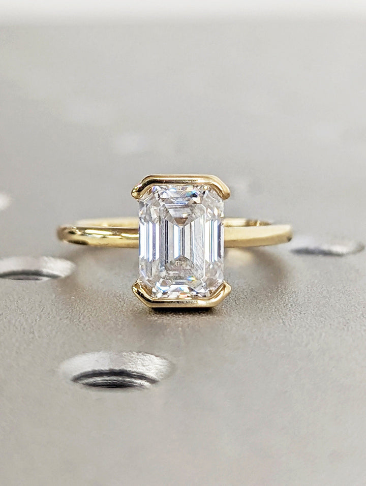 1.50CT Emerald Cut Half Bezel Set Lab Grown Diamond Engagement Ring For Women