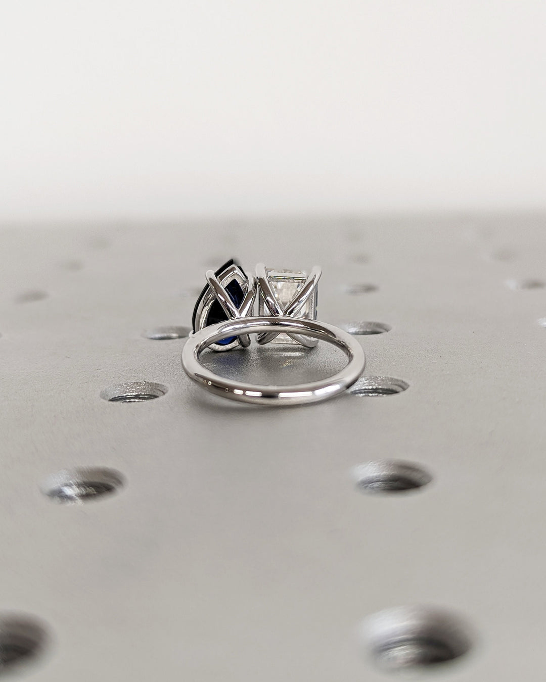 2.50CT Trellis Double Stone Engagement Ring Pear Cut Blue Sapphire & Emerald Cut Lab Diamond Two Stone Engagement Ring
