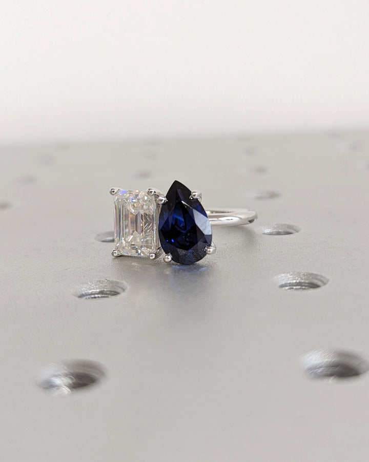 2.50CT Trellis Double Stone Engagement Ring Pear Cut Blue Sapphire & Emerald Cut Lab Diamond Two Stone Engagement Ring