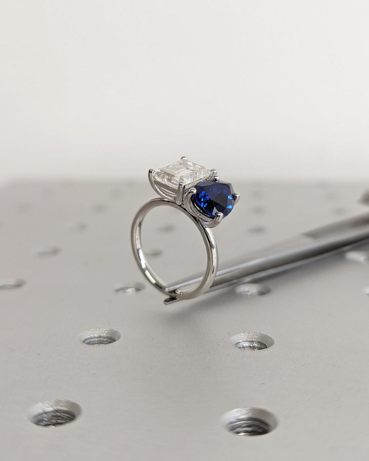 2.50CT Trellis Double Stone Engagement Ring Pear Cut Blue Sapphire & Emerald Cut Lab Diamond Two Stone Engagement Ring