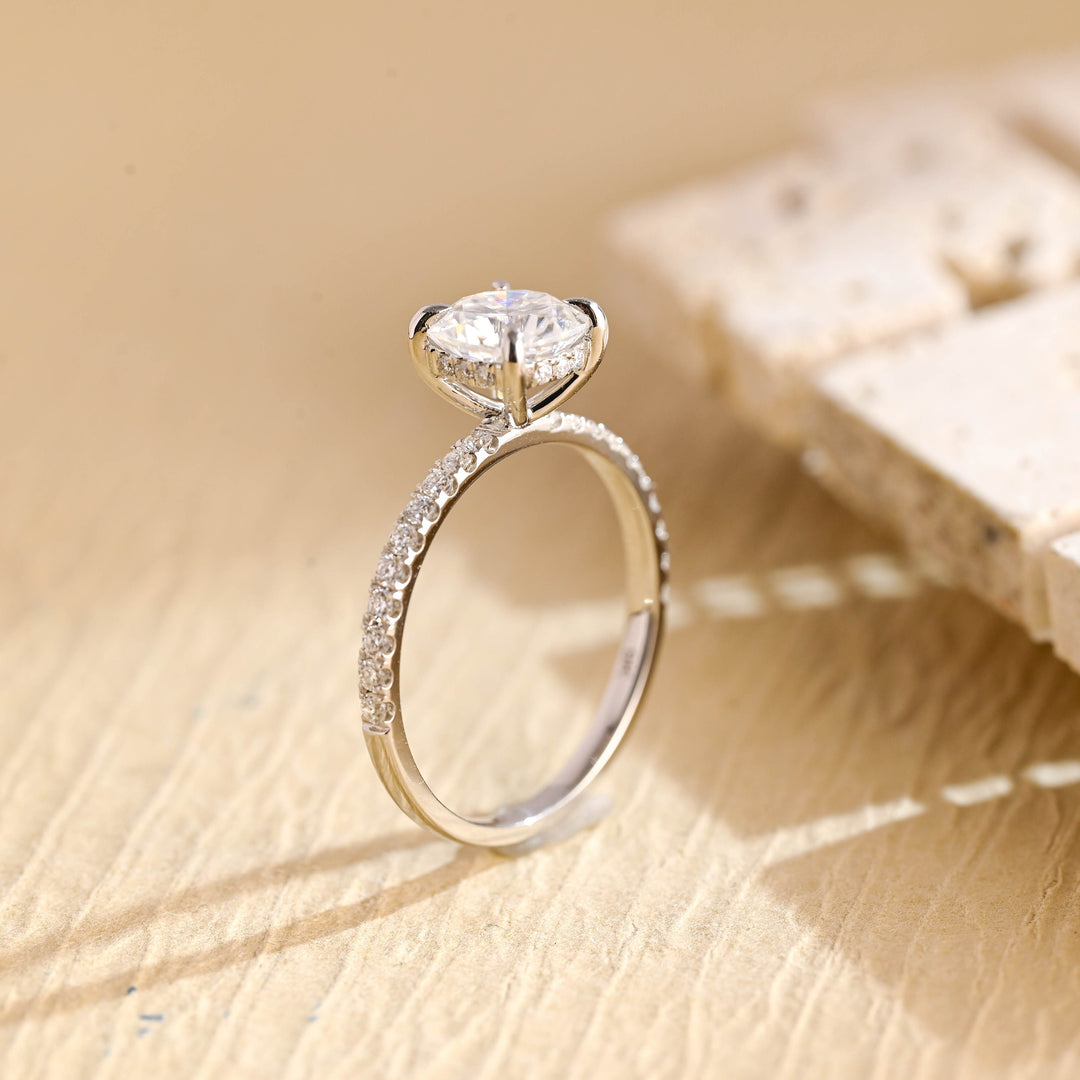 1.0CT Round Cut Pave Lab Grown Diamond Hidden Halo Engagement Ring For Women