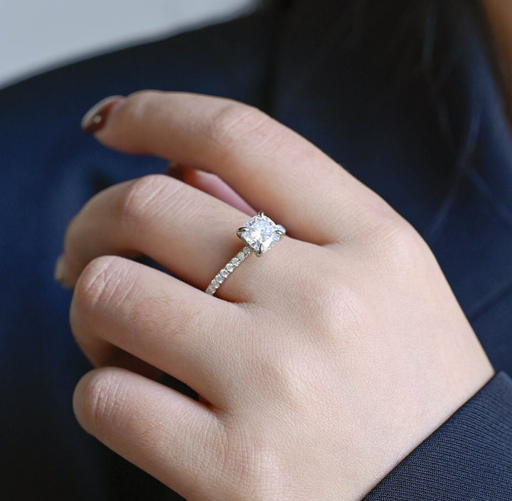 1.0CT Round Cut Pave Lab Grown Diamond Hidden Halo Engagement Ring For Women