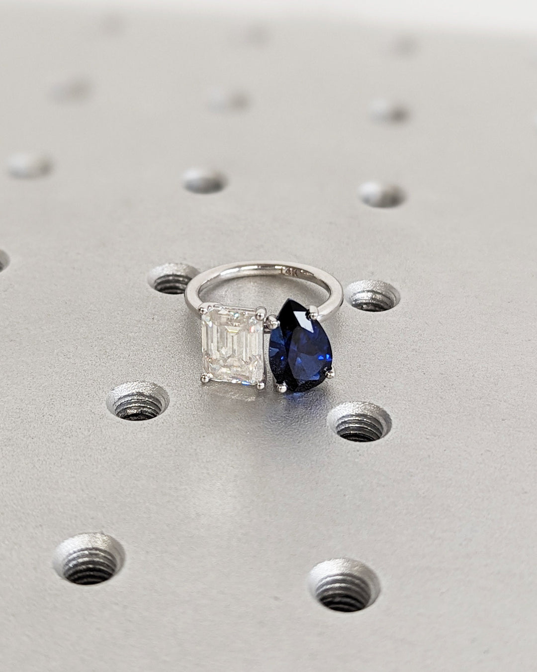 2.50CT Trellis Double Stone Engagement Ring Pear Cut Blue Sapphire & Emerald Cut Lab Diamond Two Stone Engagement Ring