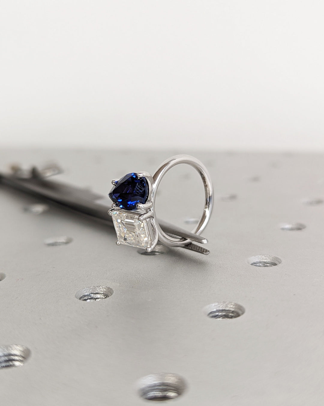 2.50CT Trellis Double Stone Engagement Ring Pear Cut Blue Sapphire & Emerald Cut Lab Diamond Two Stone Engagement Ring