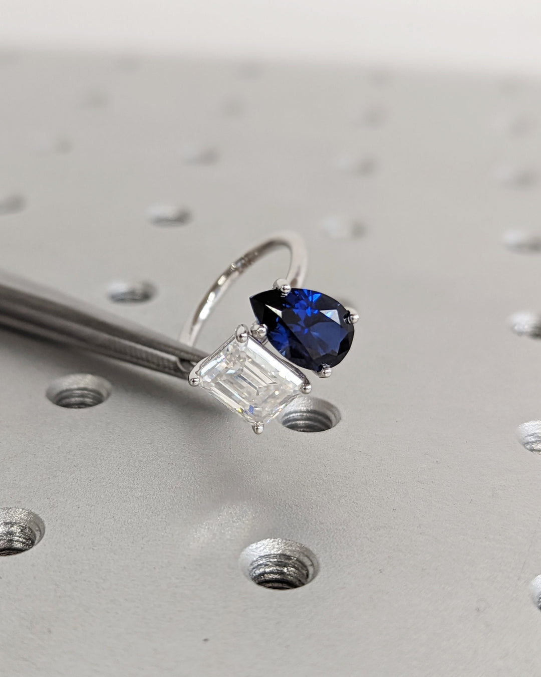 2.50CT Trellis Double Stone Engagement Ring Pear Cut Blue Sapphire & Emerald Cut Lab Diamond Two Stone Engagement Ring
