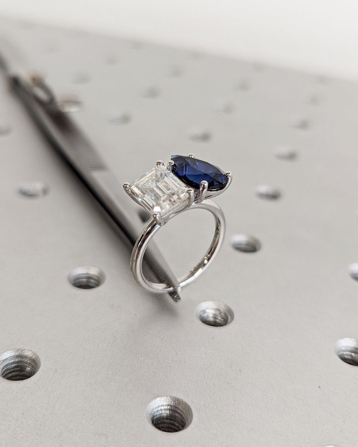 2.50CT Trellis Double Stone Engagement Ring Pear Cut Blue Sapphire & Emerald Cut Lab Diamond Two Stone Engagement Ring