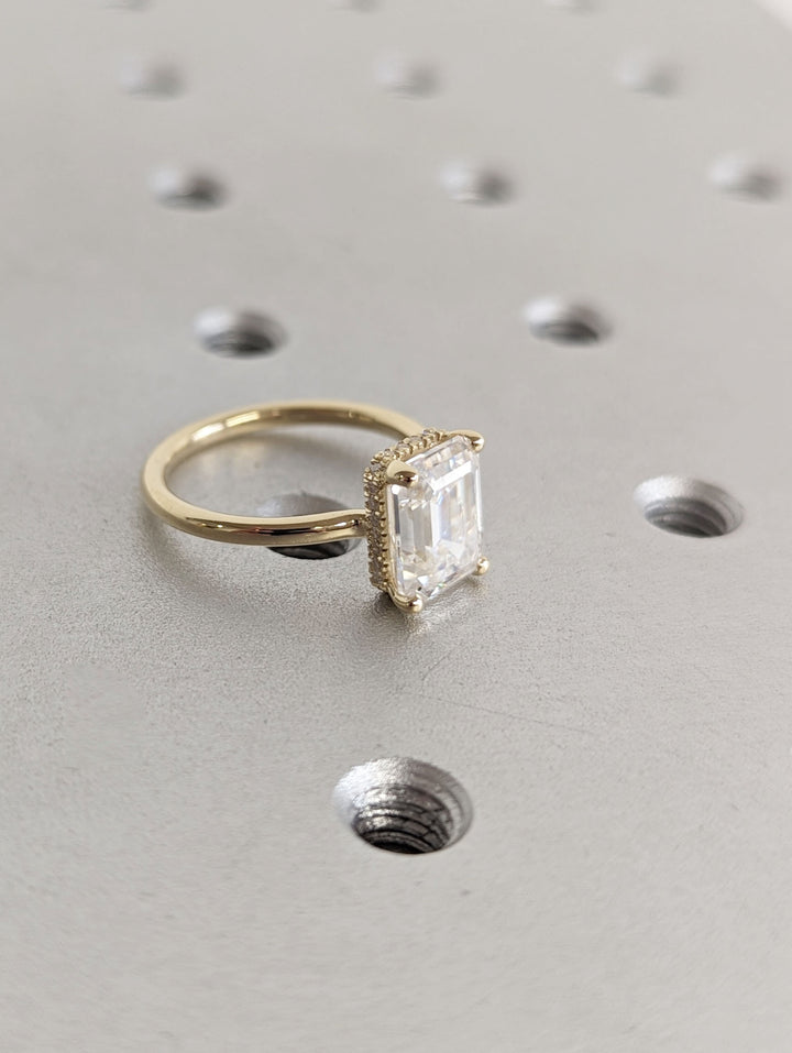 2.50CT Emerald Cut Hidden Halo Lab Grown Diamond Engagement Ring Minimalist Engagement Ring