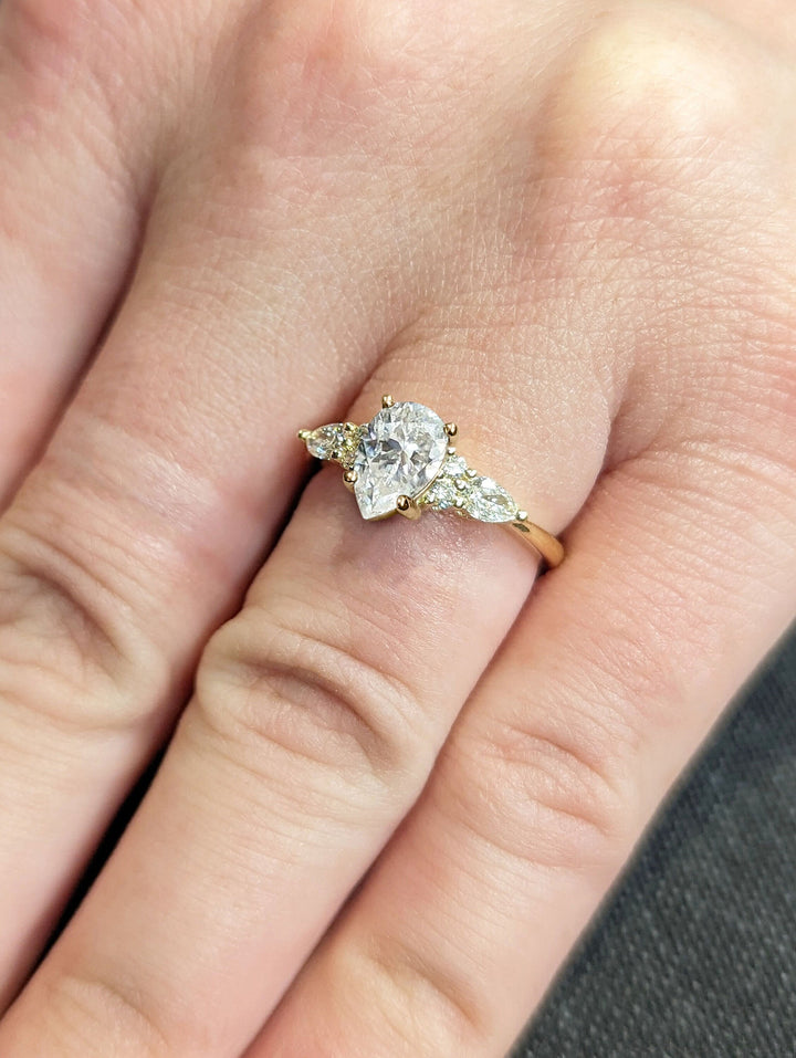 1.0CT Pear Cut Cluster Lab Grown Diamond Engagement Ring