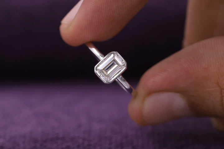 1.0CT Emerald Cut Bezel Set Lab Grown Diamond Engagement Ring For Women