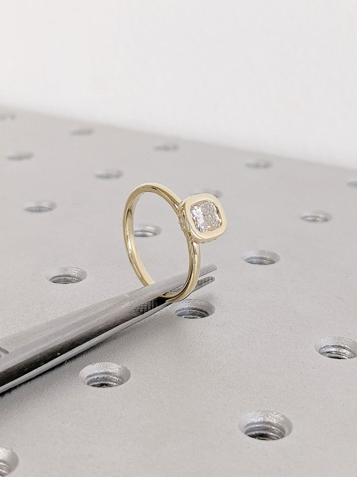 0.50CT Cushion Cut Unique Bezel Set Hidden Halo Lab Grown Diamond Engagement Ring
