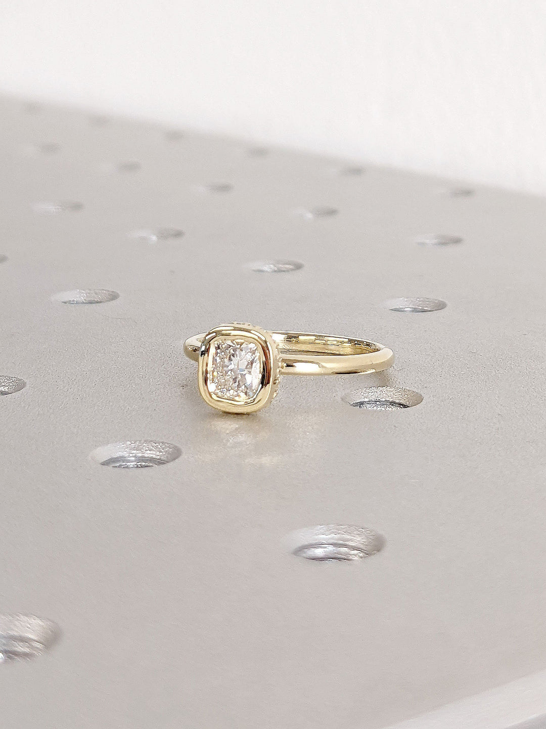 0.50CT Cushion Cut Unique Bezel Set Hidden Halo Lab Grown Diamond Engagement Ring
