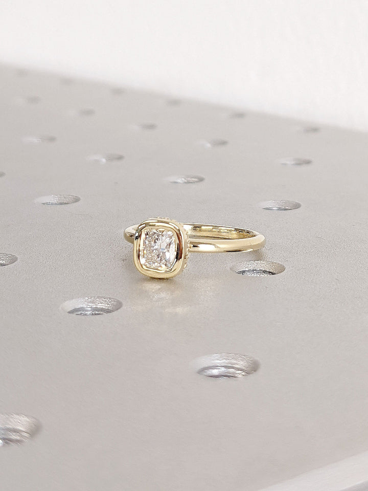 0.50CT Cushion Cut Unique Bezel Set Hidden Halo Lab Grown Diamond Engagement Ring