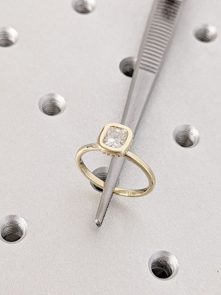 0.50CT Cushion Cut Unique Bezel Set Hidden Halo Lab Grown Diamond Engagement Ring