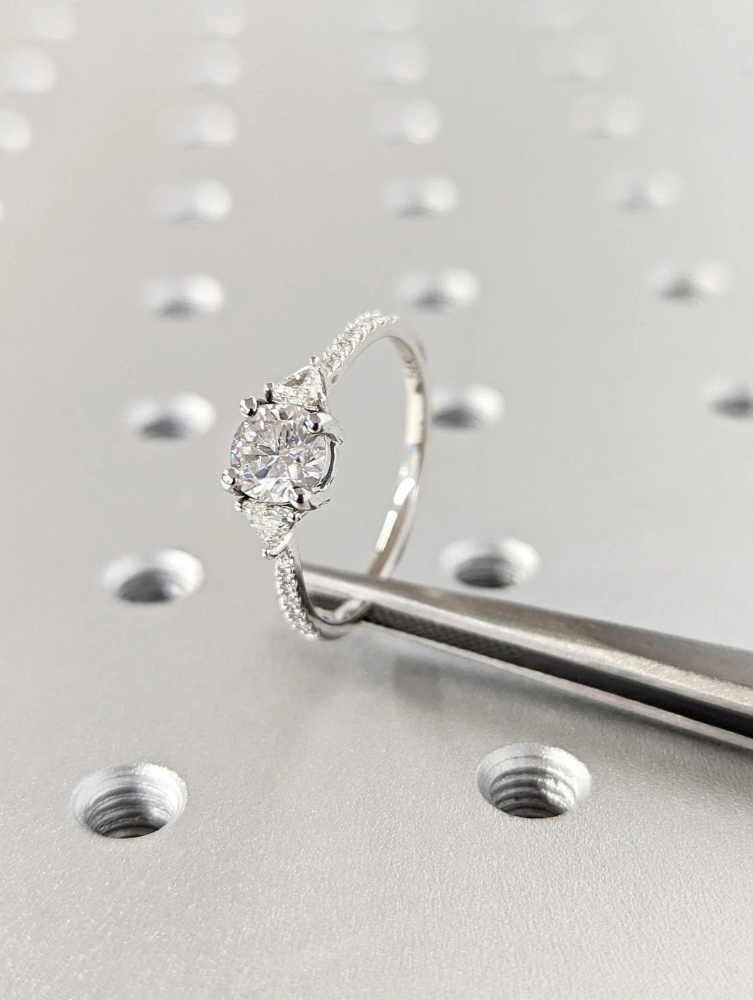 1.0CT Round Cut Unique 3 Stone Pave Lab Grown Diamond Engagement Ring For Her