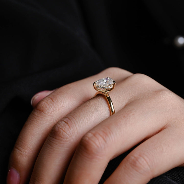 1.0CT Pear Cut Lab Grown Diamond Hidden Halo Engagement Ring For Women