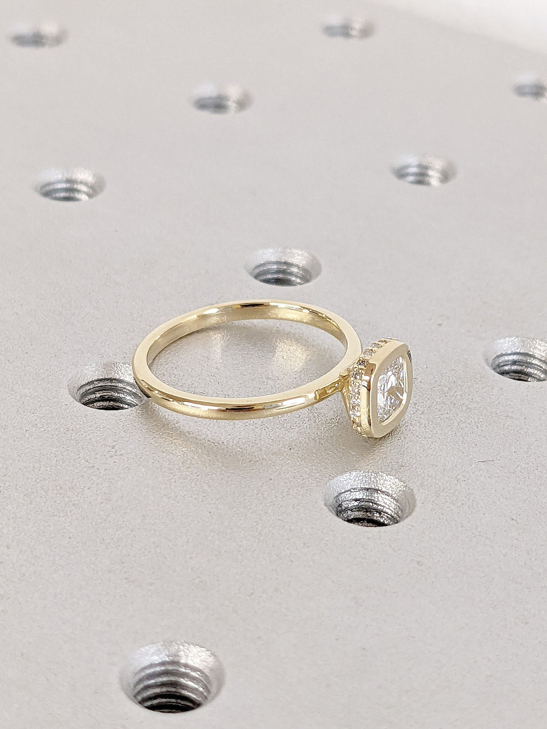 0.50CT Cushion Cut Unique Bezel Set Hidden Halo Lab Grown Diamond Engagement Ring