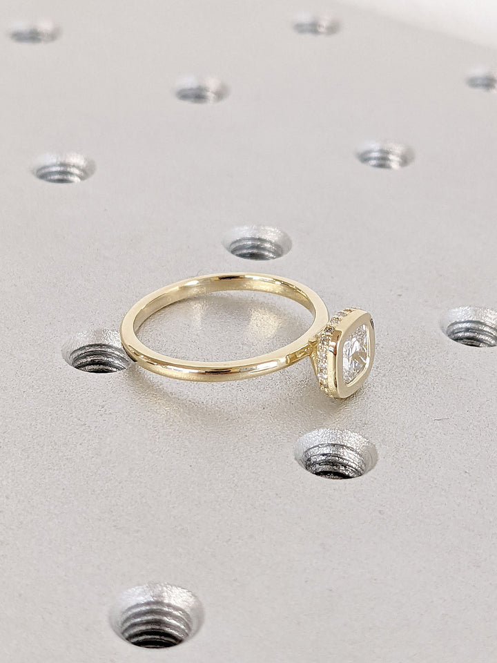 0.50CT Cushion Cut Unique Bezel Set Hidden Halo Lab Grown Diamond Engagement Ring