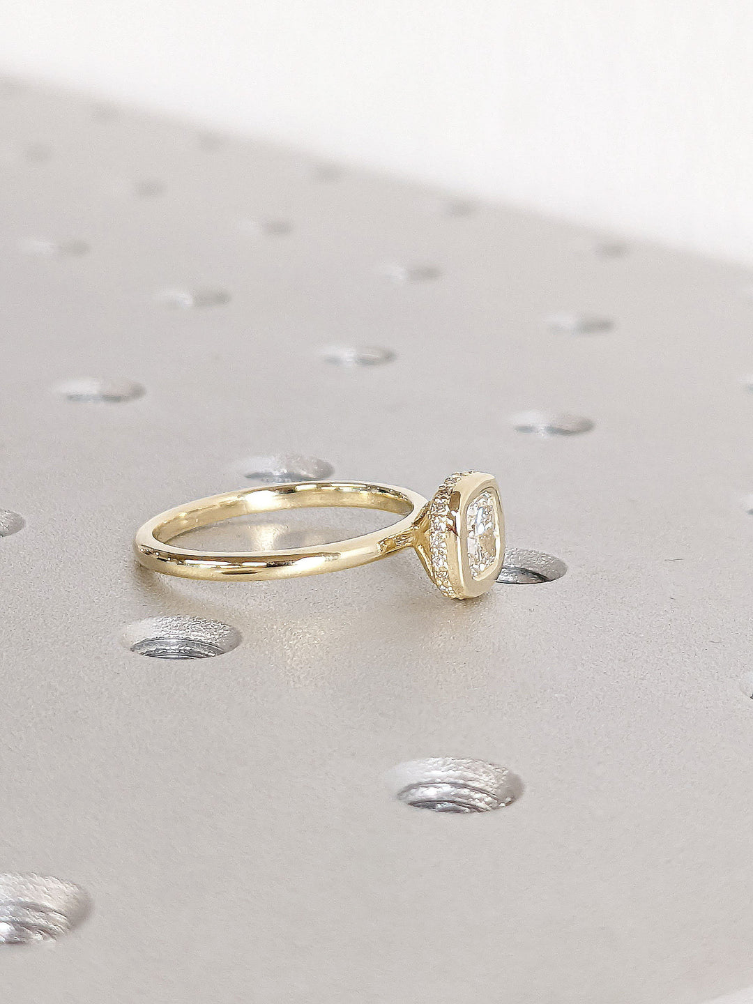 0.50CT Cushion Cut Unique Bezel Set Hidden Halo Lab Grown Diamond Engagement Ring