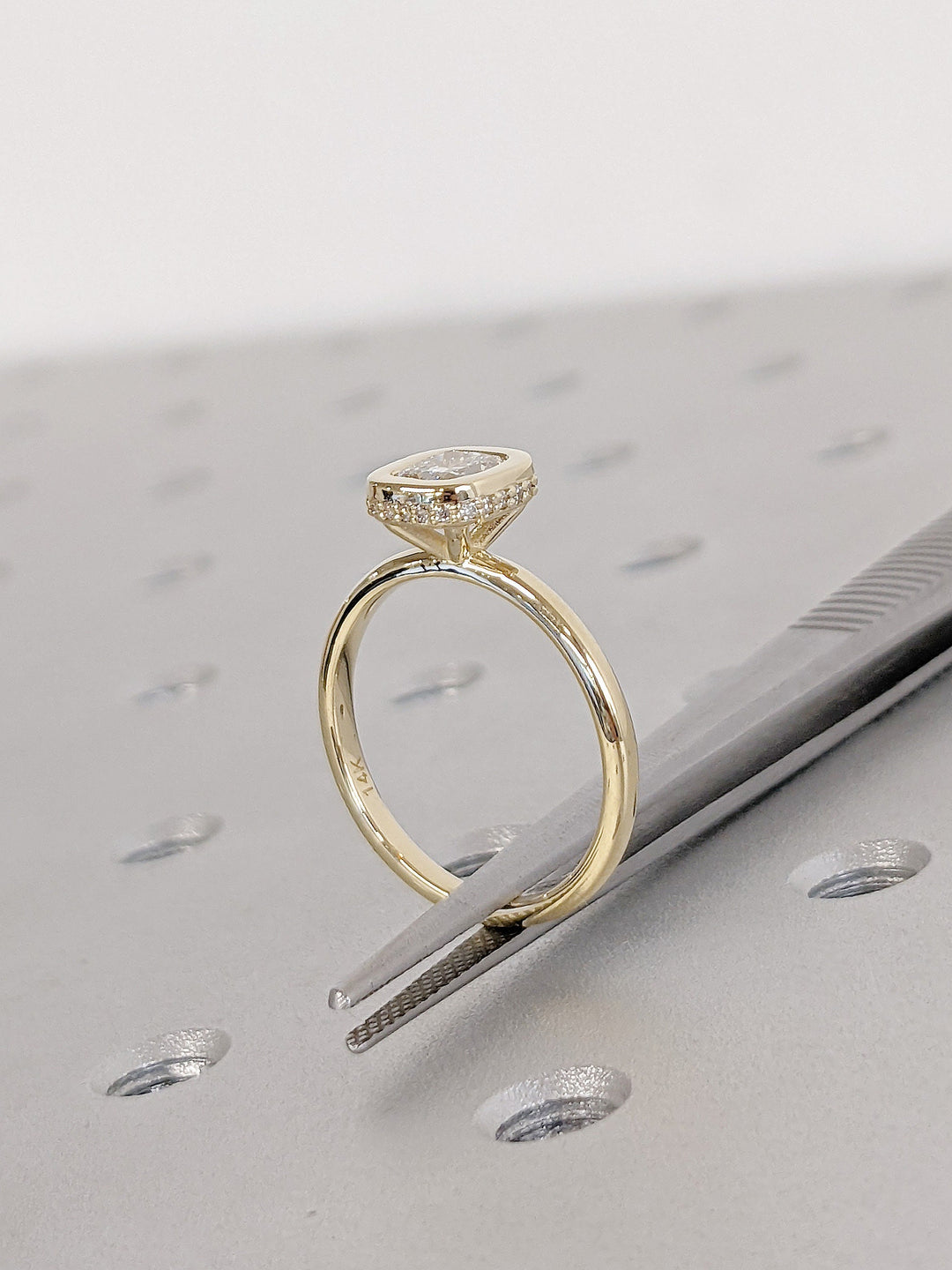 0.50CT Cushion Cut Unique Bezel Set Hidden Halo Lab Grown Diamond Engagement Ring