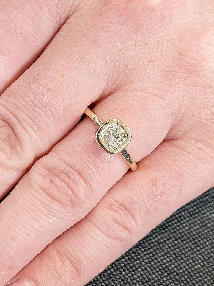 0.50CT Cushion Cut Unique Bezel Set Hidden Halo Lab Grown Diamond Engagement Ring