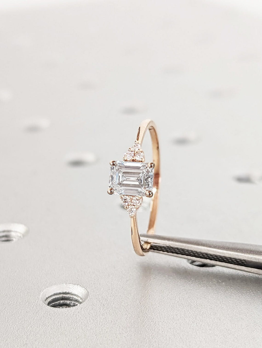 1.0CT Emerald Cut Cluster Lab Grown Diamond Engagement Ring For Women