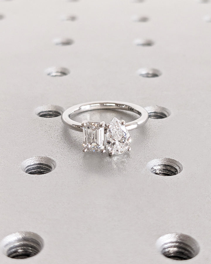1.0CT Double Stone Engagement Ring Pear Cut and Emerald Cut Lab Grown Diamond Two Stone Wedding Ring