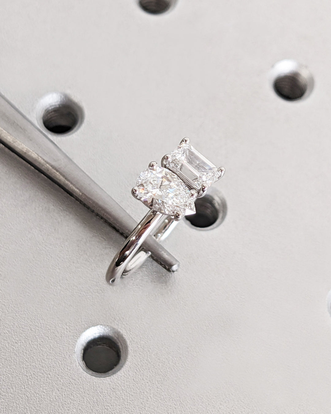 1.0CT Double Stone Engagement Ring Pear Cut and Emerald Cut Lab Grown Diamond Two Stone Wedding Ring