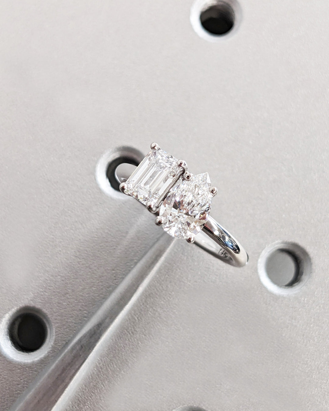 1.0CT Double Stone Engagement Ring Pear Cut and Emerald Cut Lab Grown Diamond Two Stone Wedding Ring