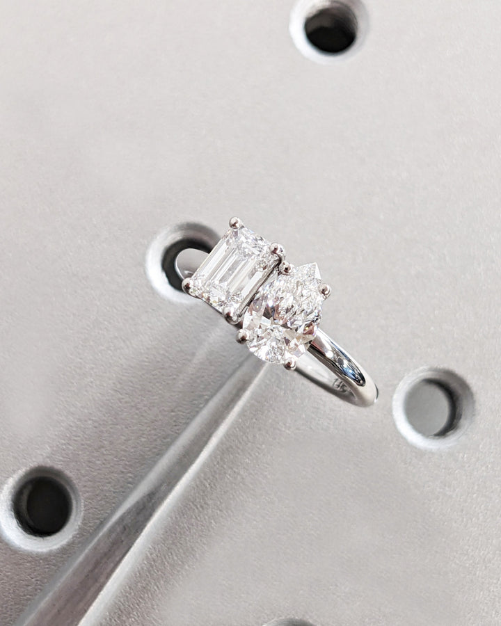 1.0CT Double Stone Engagement Ring Pear Cut and Emerald Cut Lab Grown Diamond Two Stone Wedding Ring
