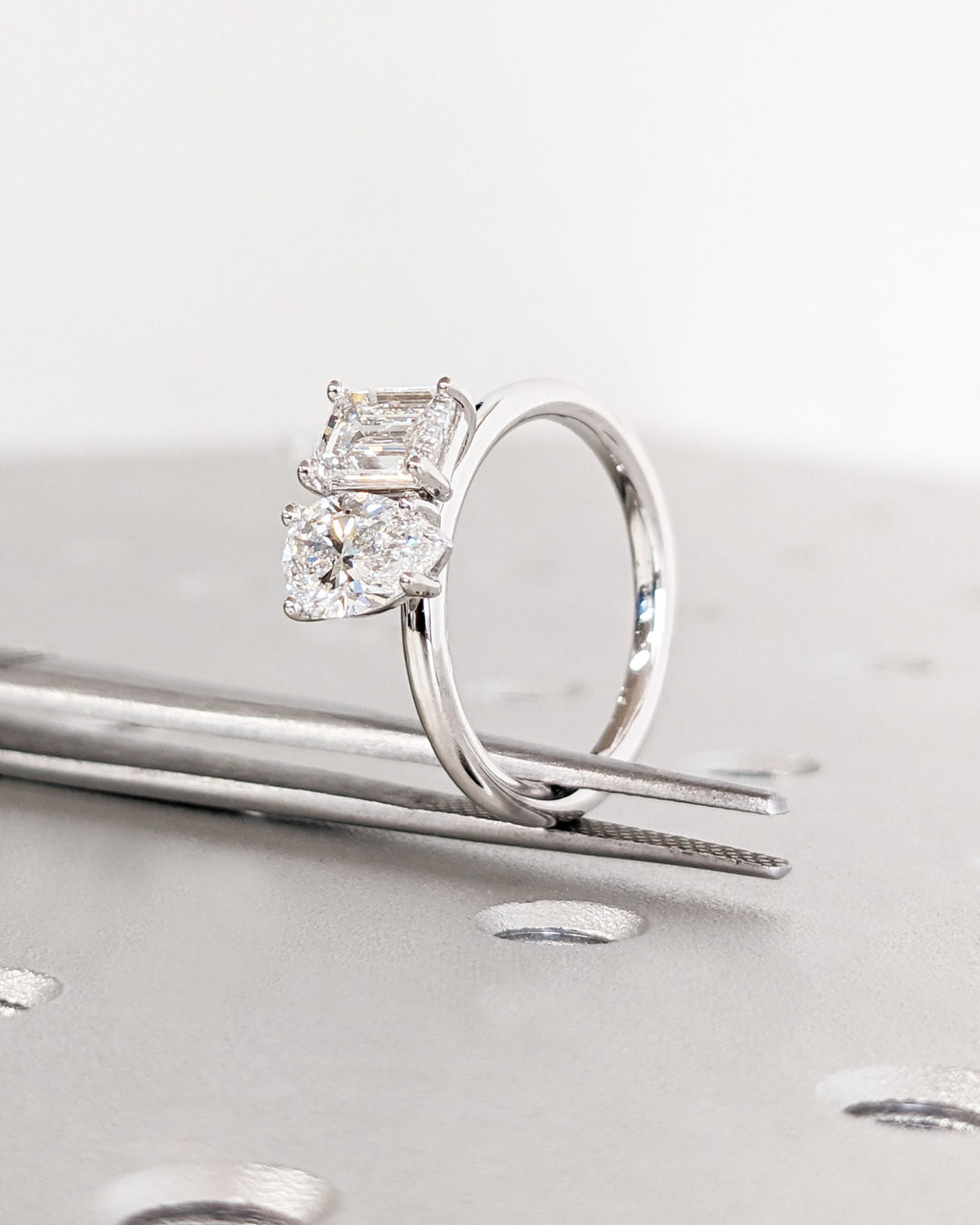 1.0CT Double Stone Engagement Ring Pear Cut and Emerald Cut Lab Grown Diamond Two Stone Wedding Ring