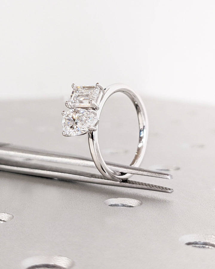 1.0CT Double Stone Engagement Ring Pear Cut and Emerald Cut Lab Grown Diamond Two Stone Wedding Ring