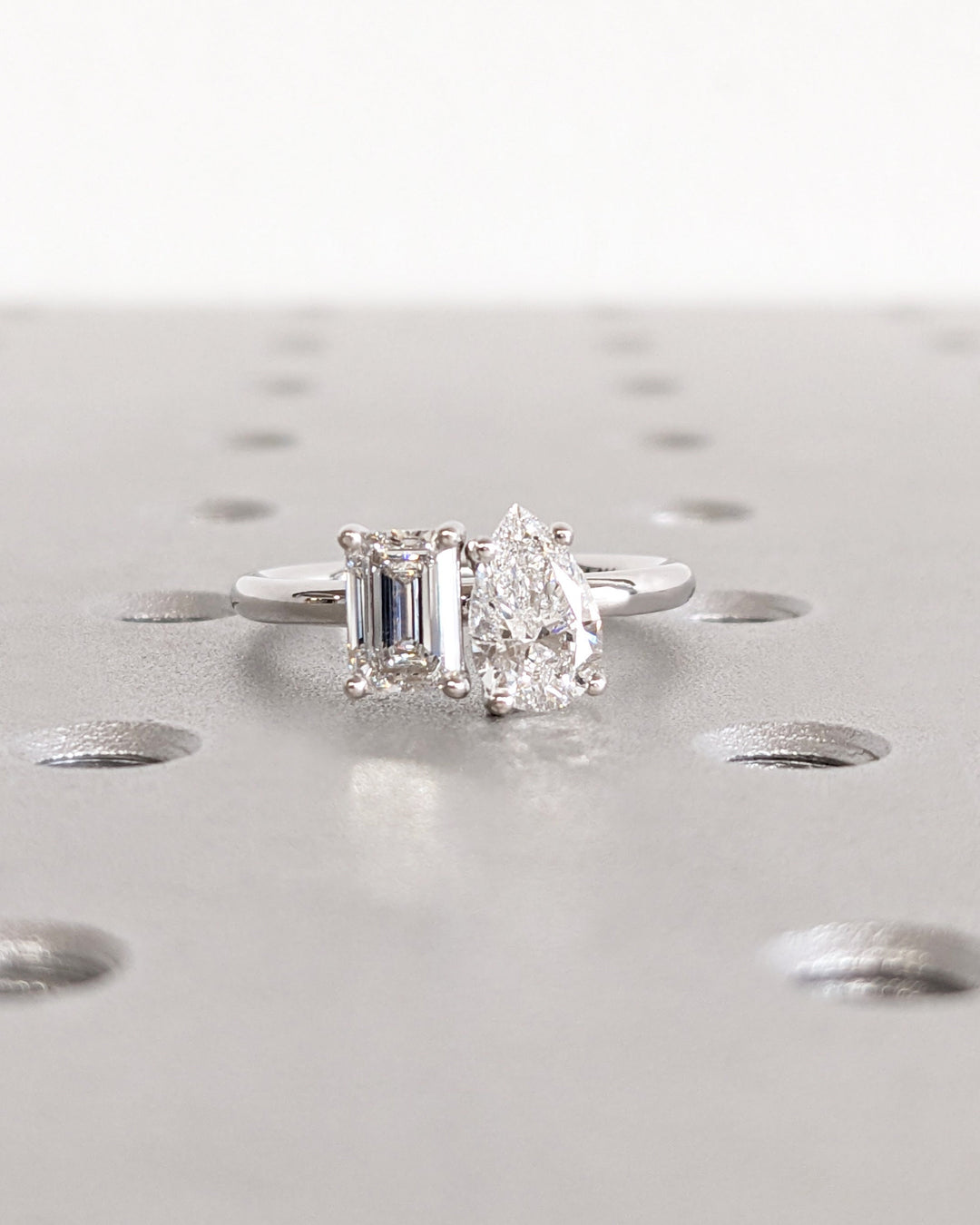 1.0CT Double Stone Engagement Ring Pear Cut and Emerald Cut Lab Grown Diamond Two Stone Wedding Ring
