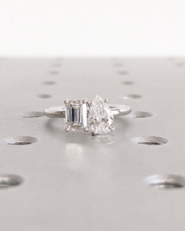 1.0CT Double Stone Engagement Ring Pear Cut and Emerald Cut Lab Grown Diamond Two Stone Wedding Ring