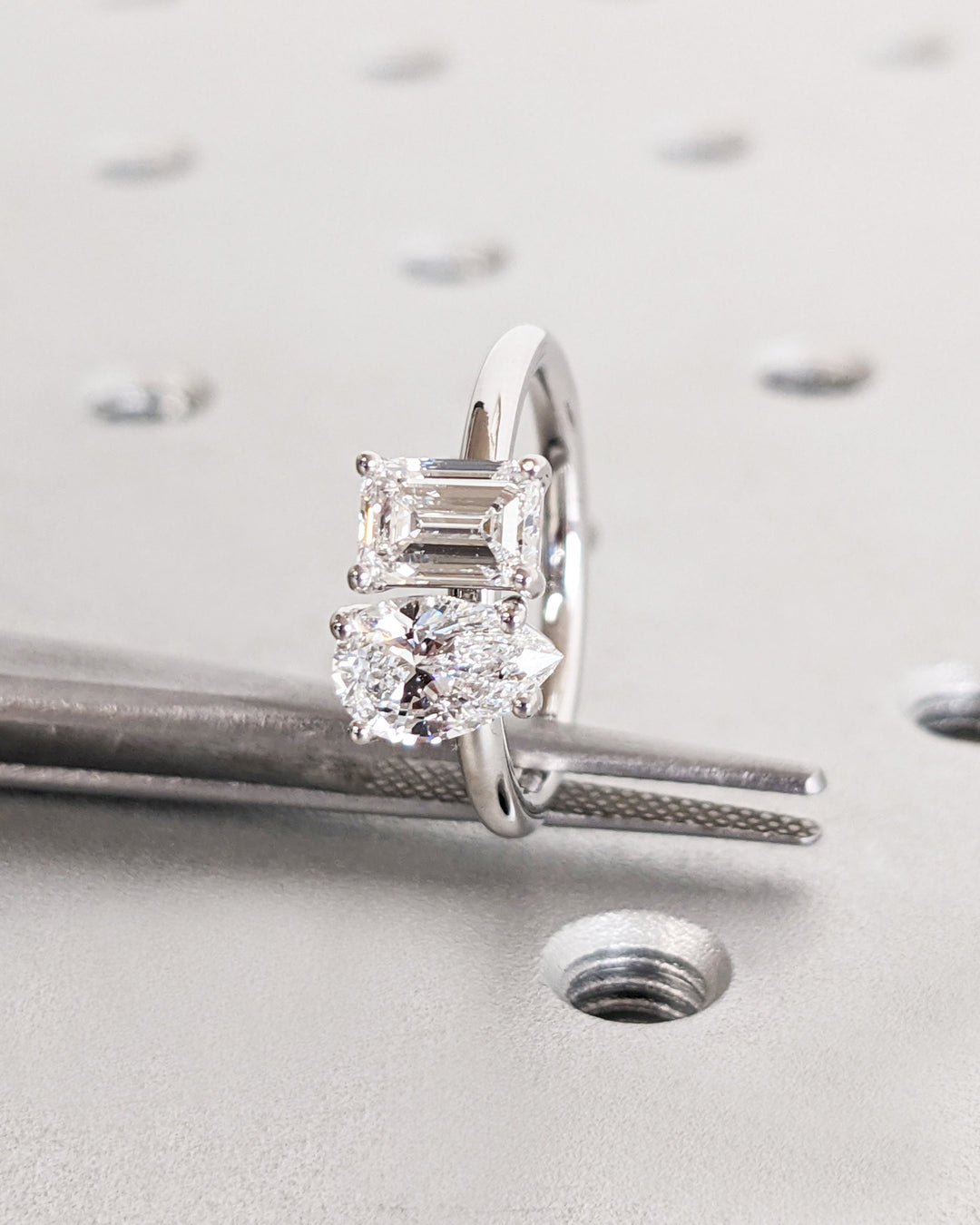 1.0CT Double Stone Engagement Ring Pear Cut and Emerald Cut Lab Grown Diamond Two Stone Wedding Ring