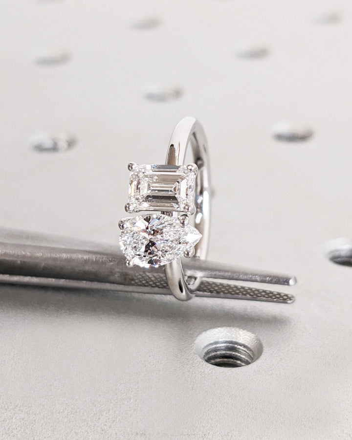 1.0CT Double Stone Engagement Ring Pear Cut and Emerald Cut Lab Grown Diamond Two Stone Wedding Ring