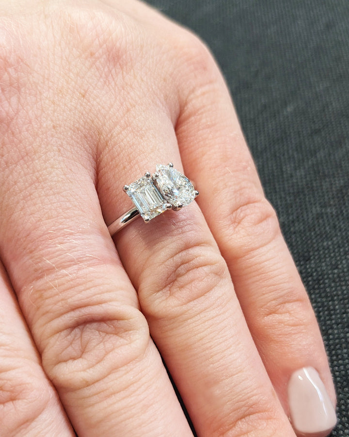 1.0CT Double Stone Engagement Ring Pear Cut and Emerald Cut Lab Grown Diamond Two Stone Wedding Ring