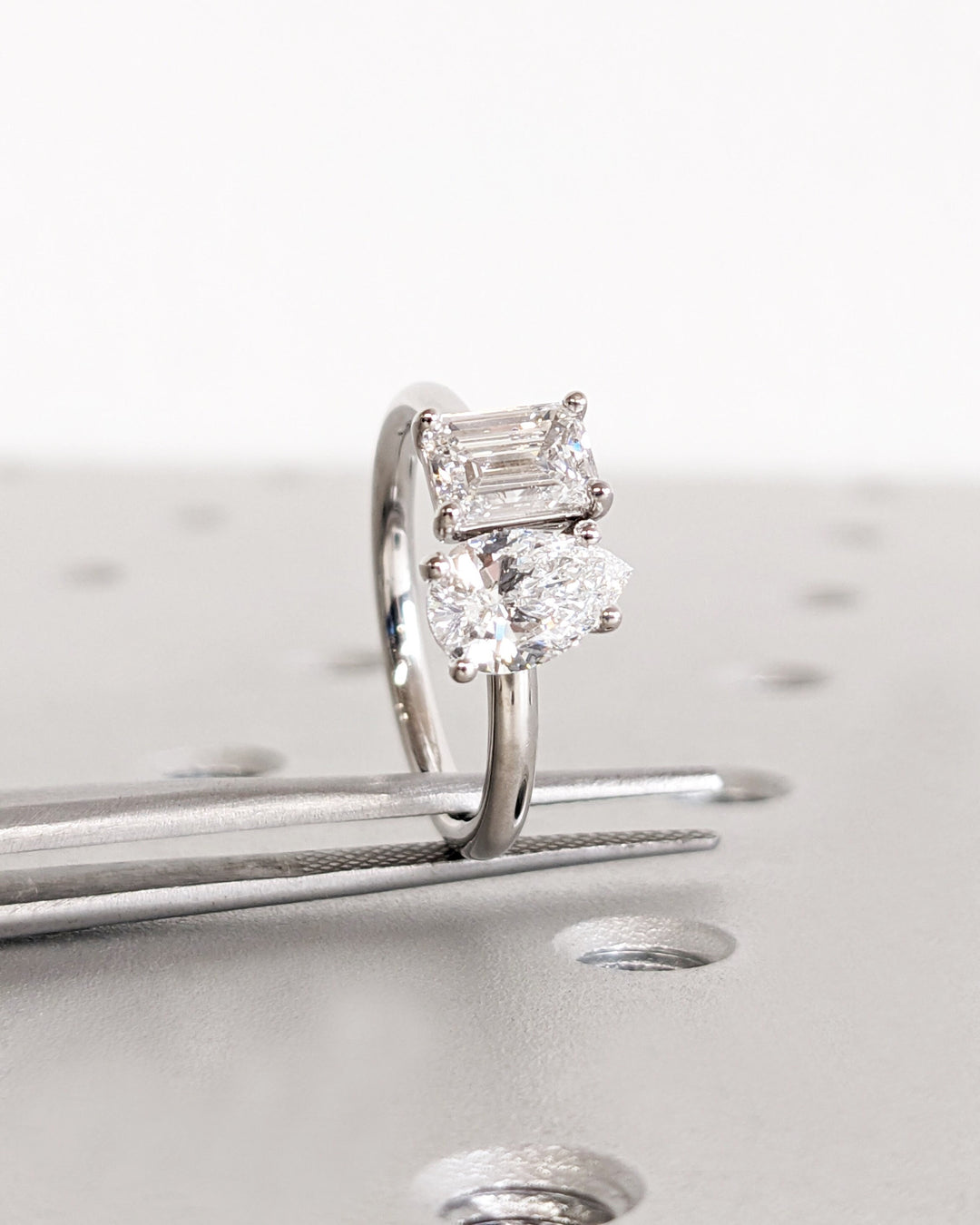 1.0CT Double Stone Engagement Ring Pear Cut and Emerald Cut Lab Grown Diamond Two Stone Wedding Ring
