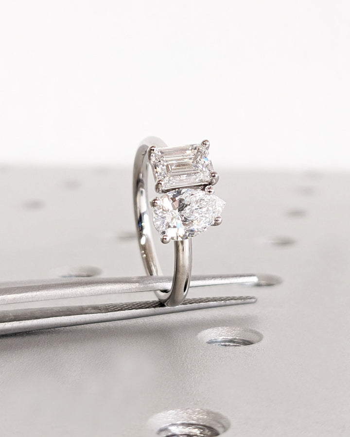 1.0CT Double Stone Engagement Ring Pear Cut and Emerald Cut Lab Grown Diamond Two Stone Wedding Ring