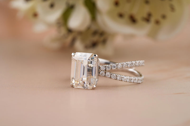 1.50CT Emerald Cut Colorless Lab Grown Diamond Pave Engagement Ring For Women