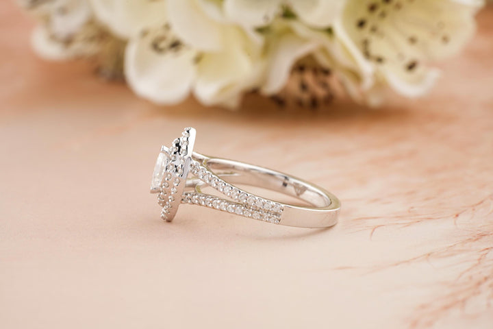 0.50CT Marquise Cut Double Halo Lab Grown Diamond Split Shank Engagement Ring For Women
