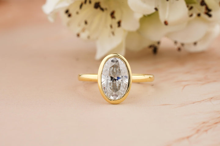 2.50CT Elongated Oval Cut Bezel Set Lab Grown Diamond Engagement Ring For Women
