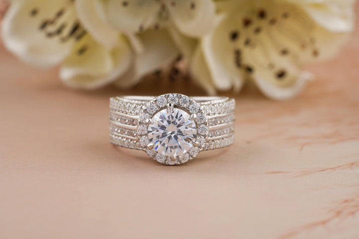1.0CT Round Cut Halo Lab Grown Diamond 3 Row Engagement Ring For Her