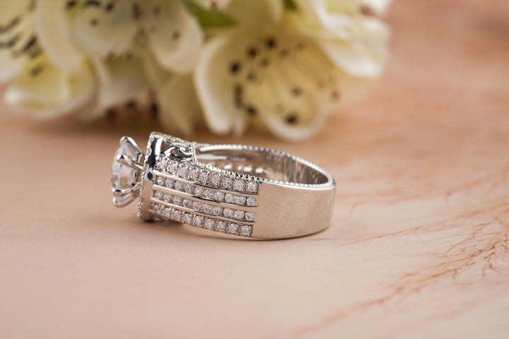 1.0CT Round Cut Halo Lab Grown Diamond 3 Row Engagement Ring For Her