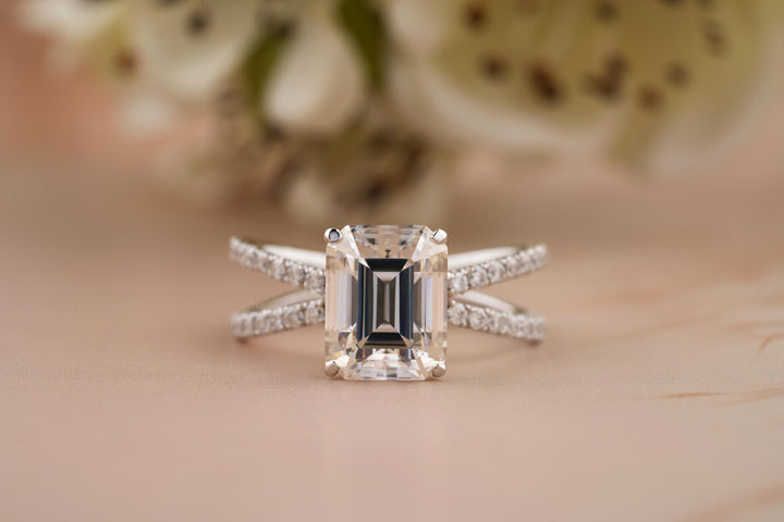 1.50CT Emerald Cut Colorless Lab Grown Diamond Pave Engagement Ring For Women