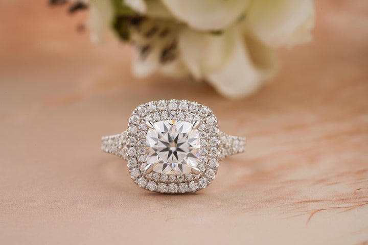 2.0CT Cushion Cut Double Halo Lab Grown Diamond Engagement Ring For Women