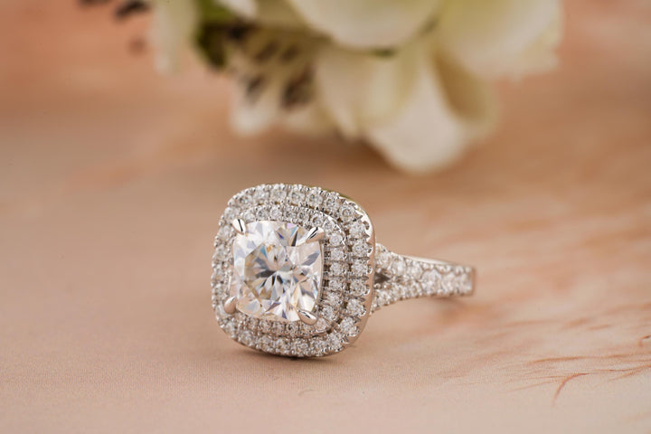 2.0CT Cushion Cut Double Halo Lab Grown Diamond Engagement Ring For Women